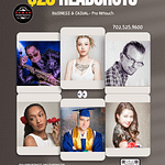 $20 Headshots promotional flyer by Power Portraits, featuring business and casual professional photos of diverse individuals including a musician, young woman with tattoos, man in glasses, woman with red flowers, male graduate in cap and gown, and smiling woman. Includes contact information, QR code for more details, and studio location at Sharing Studios, Las Vegas.