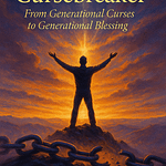 A powerful digital painting promoting the book “Cursebreaker: From Generational Curses to Generational Blessing” by Michael Franklin Jr. It features a silhouetted figure standing triumphantly on a mountain peak at sunrise with arms outstretched, broken chains at their feet, and radiant golden light symbolizing spiritual breakthrough and freedom. A donation button at the bottom invites viewers to support the book’s publication.