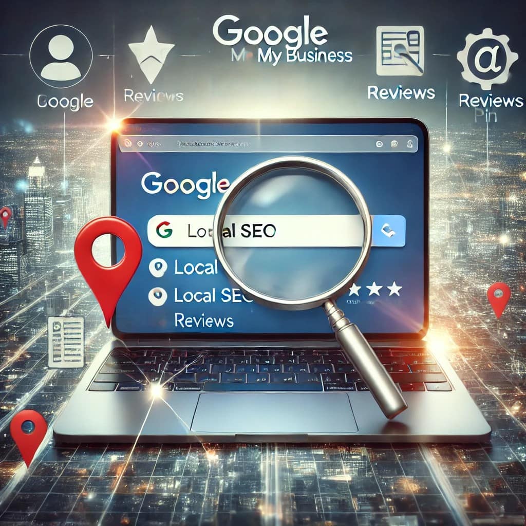 Here is a sample ai product image showcasing Local SEO services, including Google search rankings, Google My Business, reviews, and location optimization. Let me know if you'd like any modifications or additional variations!