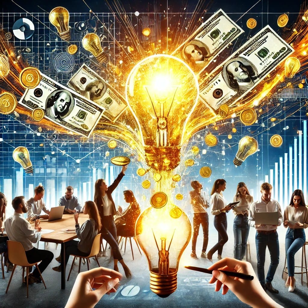 A vibrant illustration of a diverse group of people in a modern workspace, brainstorming ideas with glowing light bulbs above their heads. Golden coins and dollar bills flow from their ideas, symbolizing innovation and financial success. Whiteboards filled with sketches and graphs are in the background, representing entrepreneurship and creative thinking in square form.