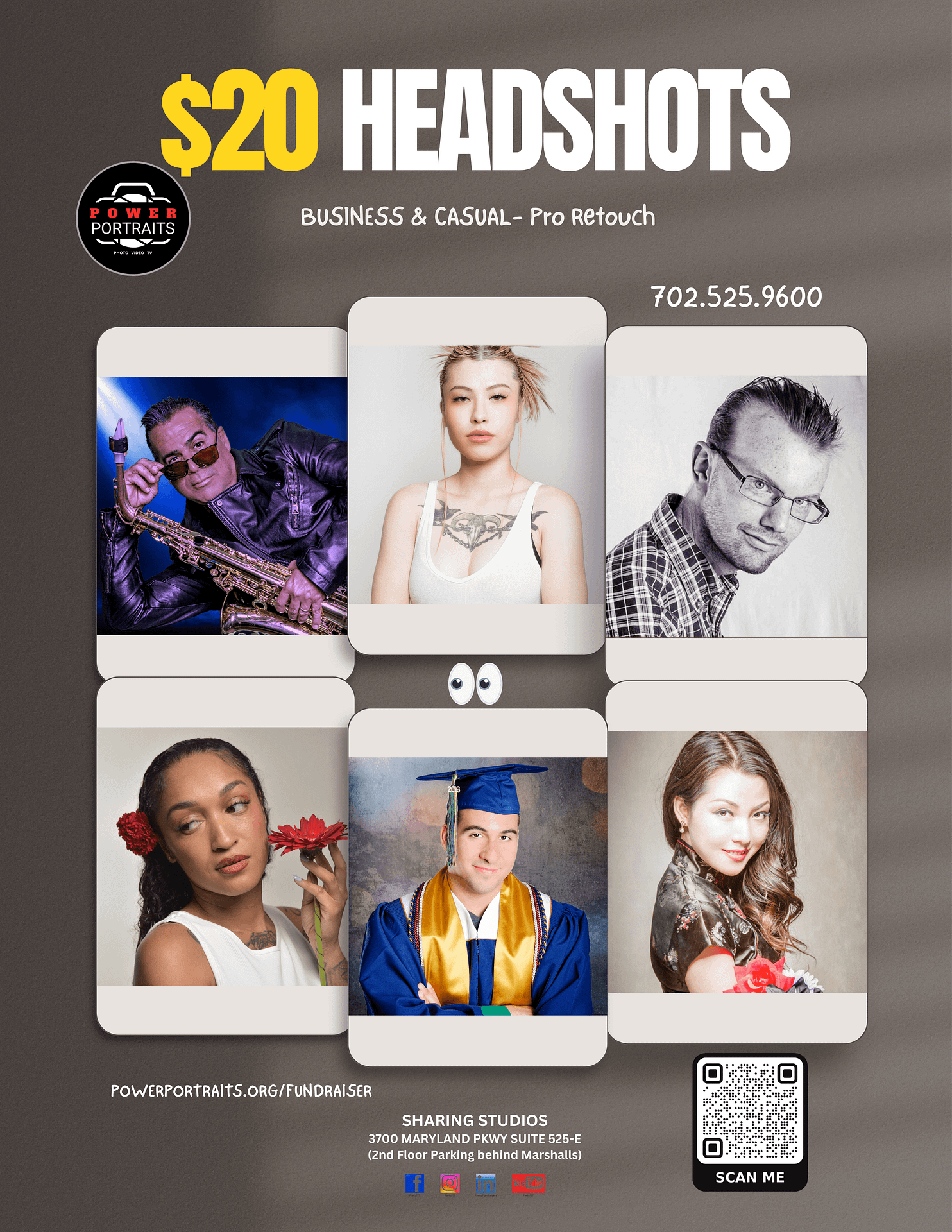 $20 Headshots promotional flyer by Power Portraits, featuring business and casual professional photos of diverse individuals including a musician, young woman with tattoos, man in glasses, woman with red flowers, male graduate in cap and gown, and smiling woman. Includes contact information, QR code for more details, and studio location at Sharing Studios, Las Vegas.