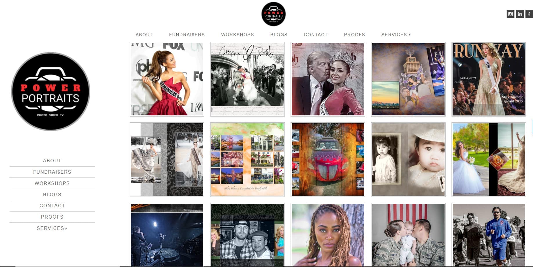 Power Portraits website homepage featuring the Power Portraits logo, navigation menu (About, Fundraisers, Workshops, Blogs, Contact, Proofs, Services), and a gallery of photography examples including event photography, wedding photos, celebrity portraits, military family portraits, fashion runway shots, and artistic photo collages.