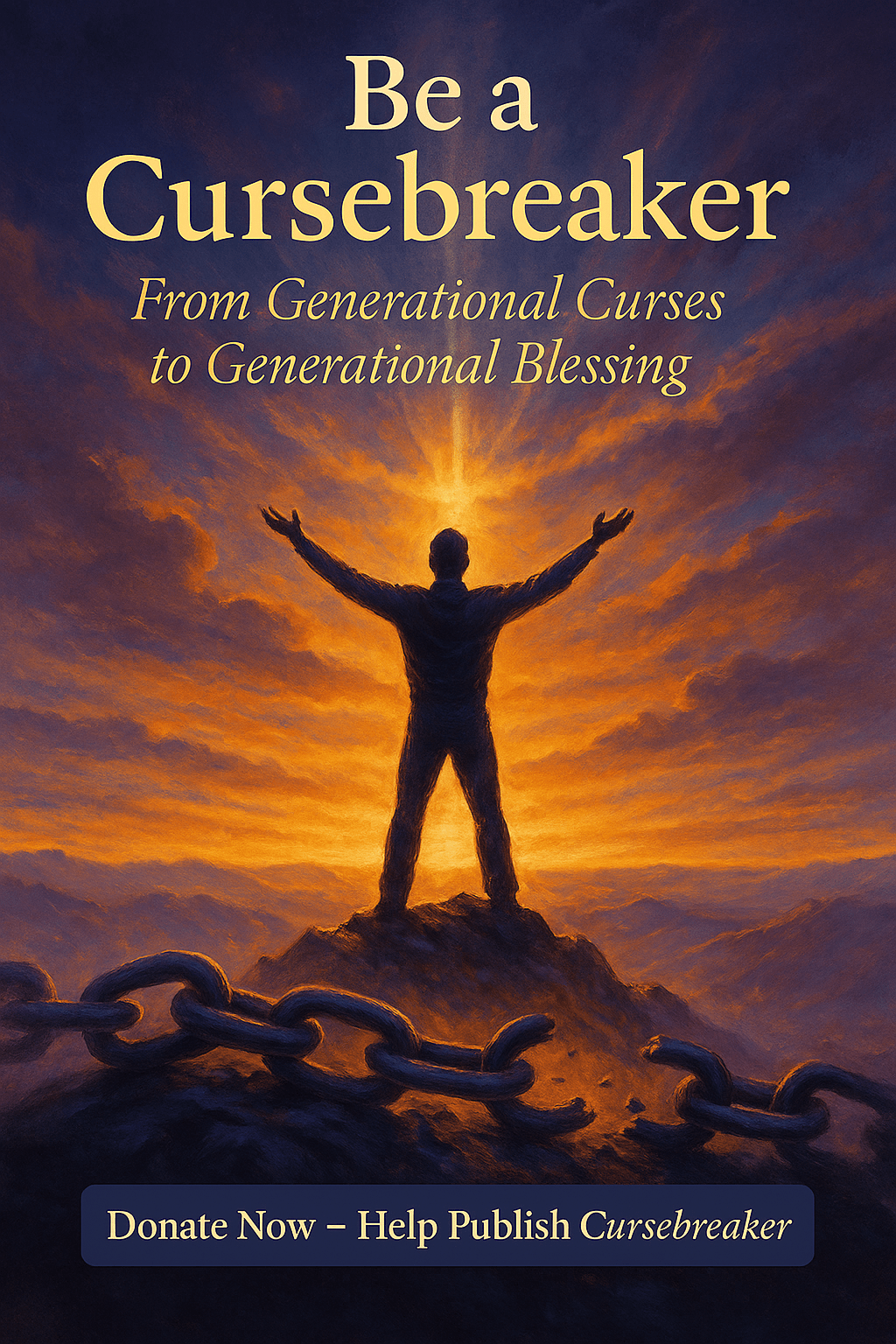 A powerful digital painting promoting the book “Cursebreaker: From Generational Curses to Generational Blessing” by Michael Franklin Jr. It features a silhouetted figure standing triumphantly on a mountain peak at sunrise with arms outstretched, broken chains at their feet, and radiant golden light symbolizing spiritual breakthrough and freedom. A donation button at the bottom invites viewers to support the book’s publication.